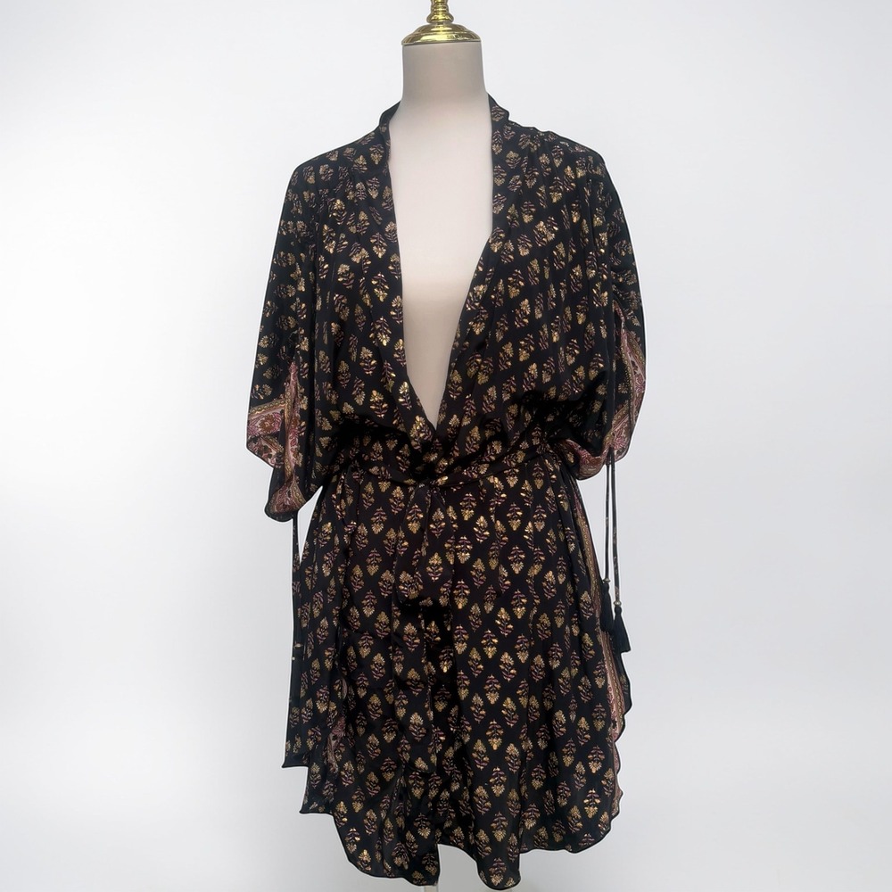 Perry Walker Collective Frankie Kimono One Size Black Gold Floral Resortwear